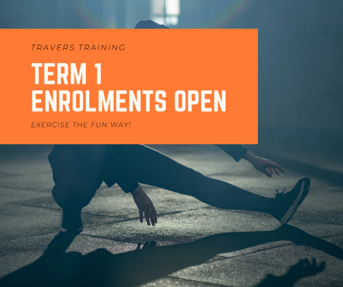 Person exercising beside text that says Term 1 enroments open